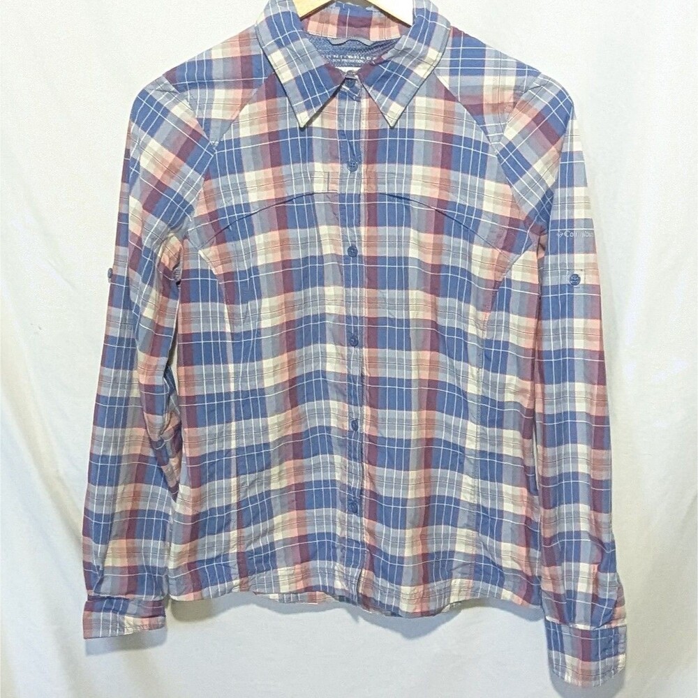 Columbia Omni-Shade Blue Pink Plaid Sun Protection Hiking Shirt Womens Medium